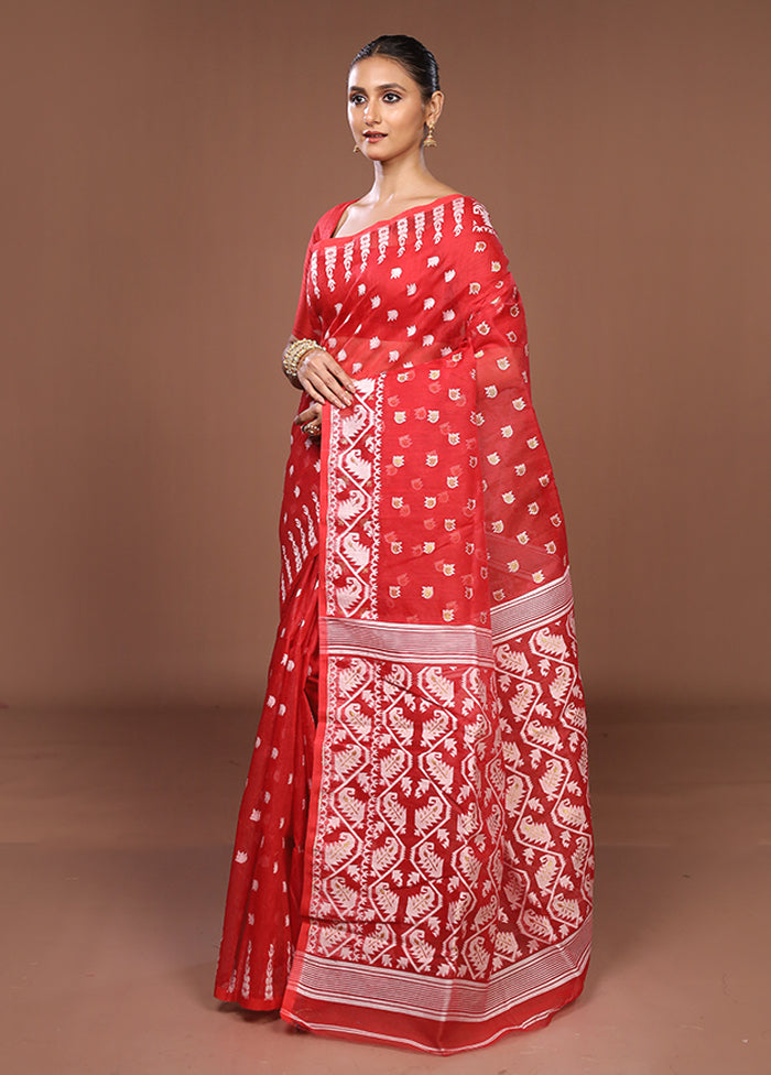 Red Jamdani Cotton Saree Without Blouse Piece