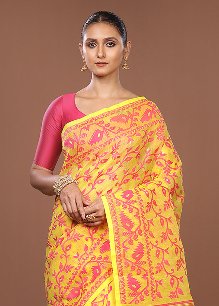 Yellow Jamdani Cotton Saree Without Blouse Piece