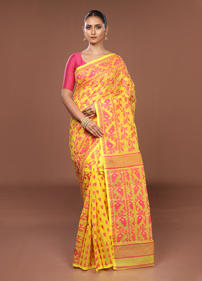 Yellow Jamdani Cotton Saree Without Blouse Piece