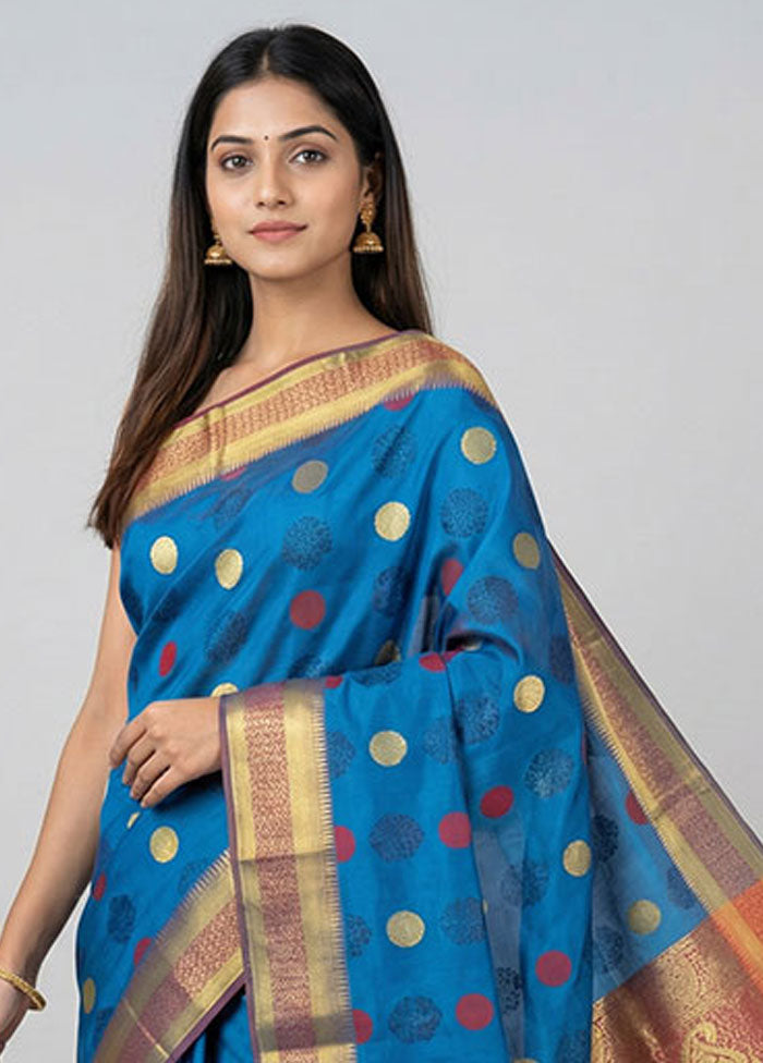Blue Kanjivaram Silk Saree With Blouse Piece