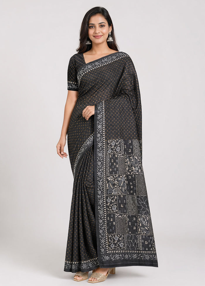 Black Handloom Tussar Pure Silk Saree With Blouse Piece