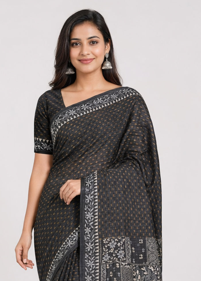 Black Handloom Tussar Pure Silk Saree With Blouse Piece