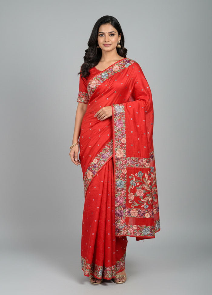 Red Handloom Tussar Pure Silk Saree With Blouse Piece