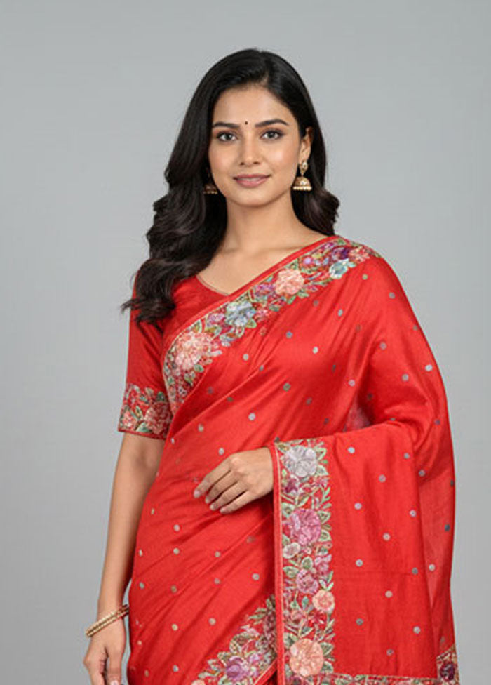 Red Handloom Tussar Pure Silk Saree With Blouse Piece