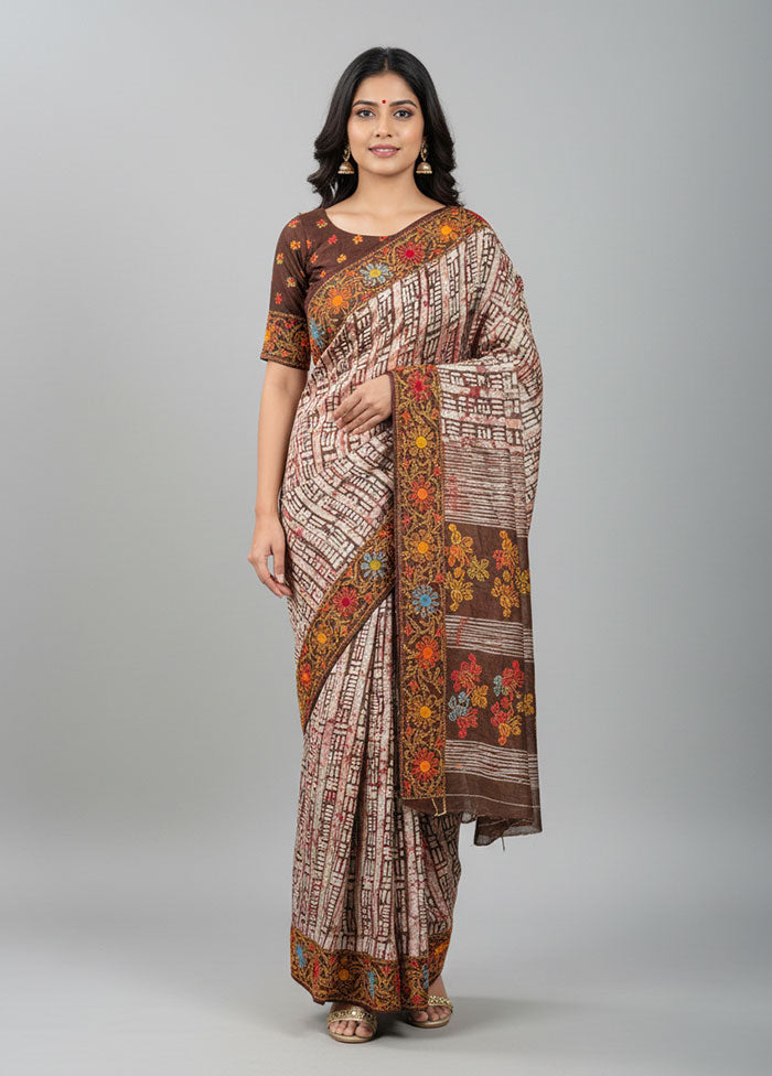 Brown Handloom Tussar Pure Silk Saree With Blouse Piece
