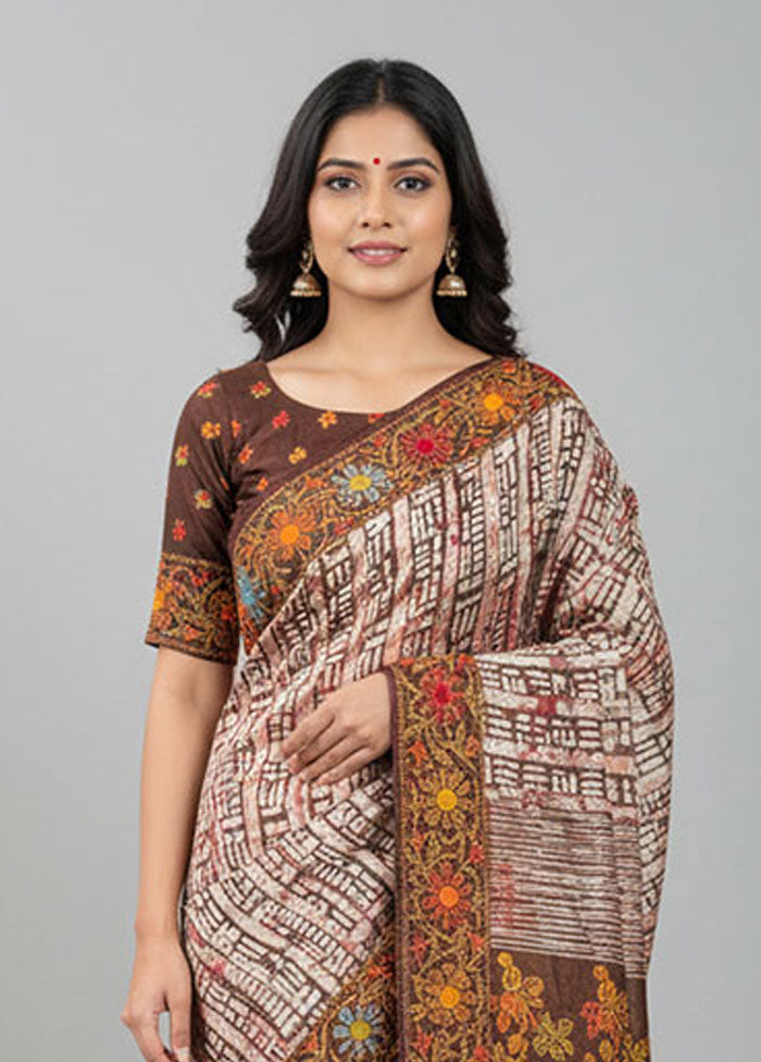 Brown Handloom Tussar Pure Silk Saree With Blouse Piece
