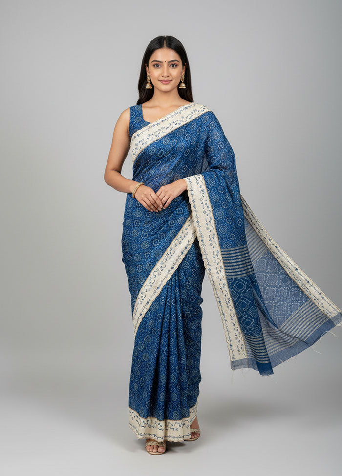Blue Handloom Tussar Pure Silk Saree With Blouse Piece