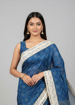 Blue Handloom Tussar Pure Silk Saree With Blouse Piece