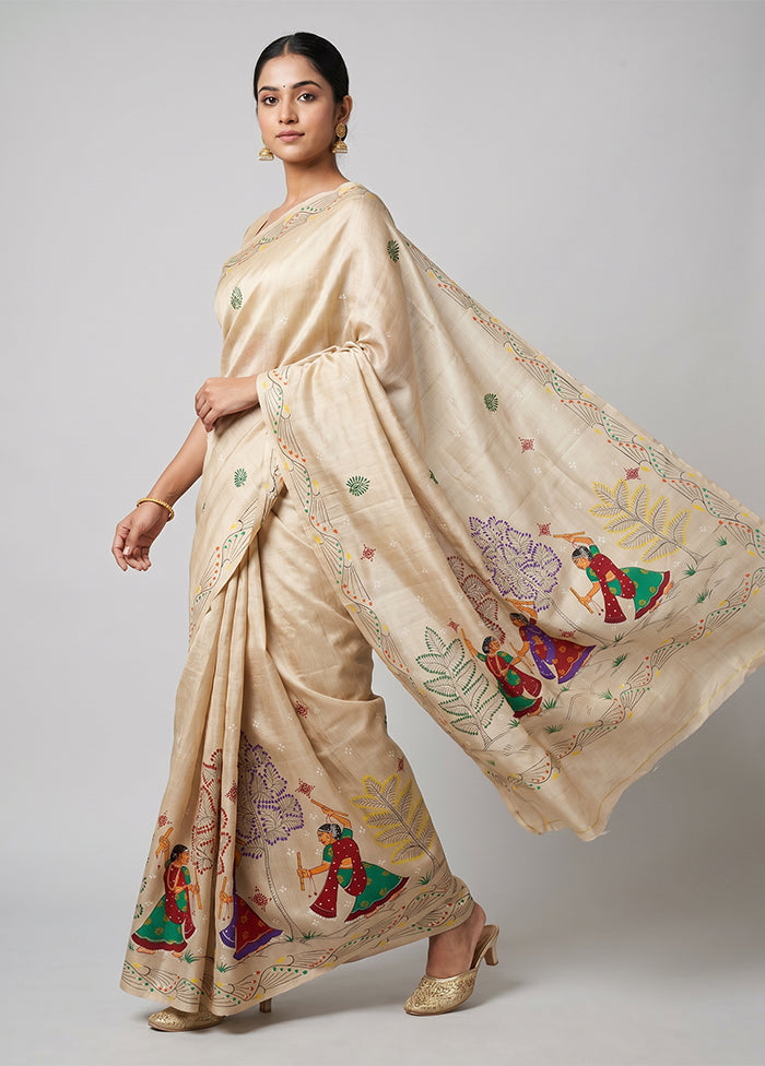 White Handloom Tussar Pure Silk Saree With Blouse Piece