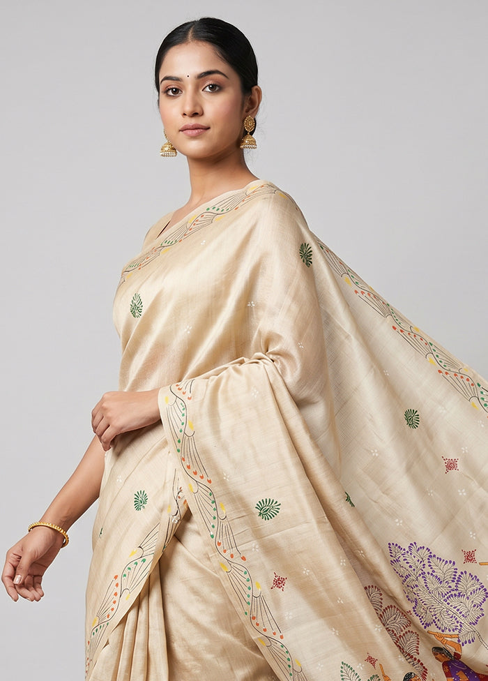 White Handloom Tussar Pure Silk Saree With Blouse Piece