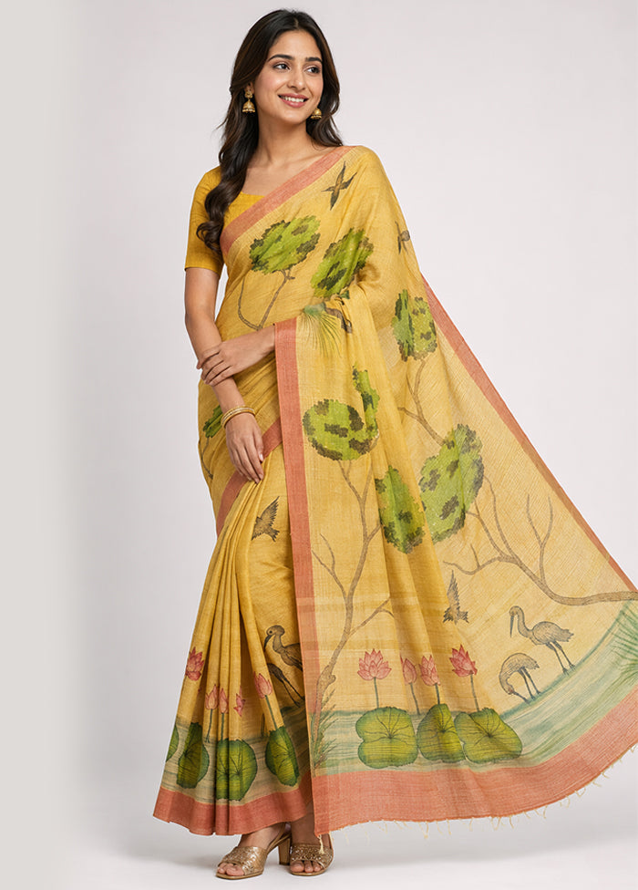 Cream Handloom Tussar Pure Silk Saree With Blouse Piece