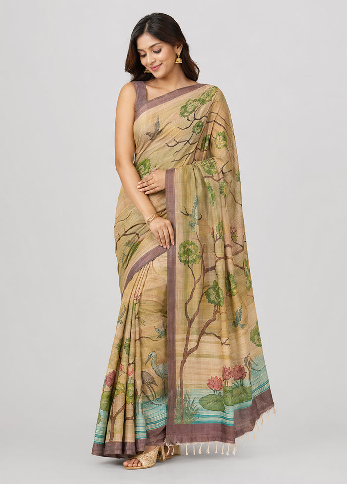 Cream Handloom Tussar Pure Silk Saree With Blouse Piece