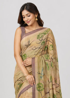 Cream Handloom Tussar Pure Silk Saree With Blouse Piece