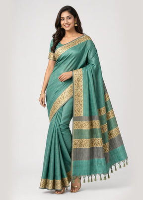 Blue Handloom Tussar Pure Silk Saree With Blouse Piece