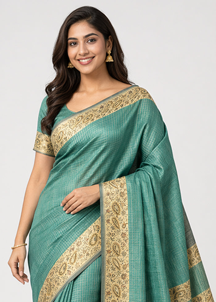Blue Handloom Tussar Pure Silk Saree With Blouse Piece