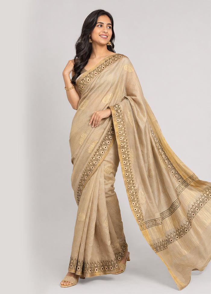 Cream Handloom Tussar Pure Silk Saree With Blouse Piece