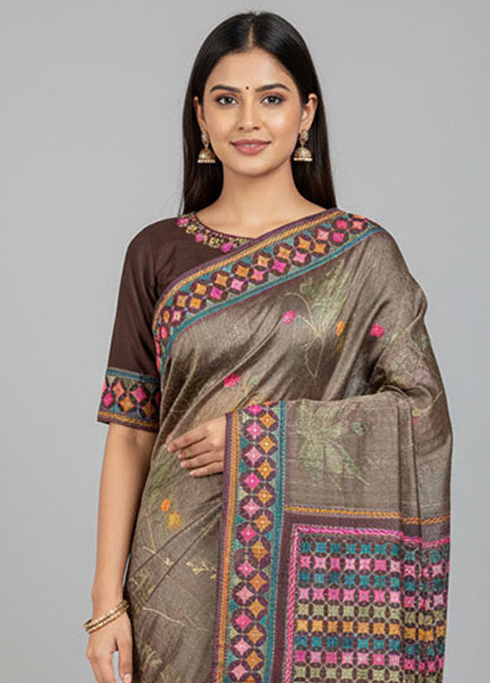 Purple Handloom Tussar Pure Silk Saree With Blouse Piece