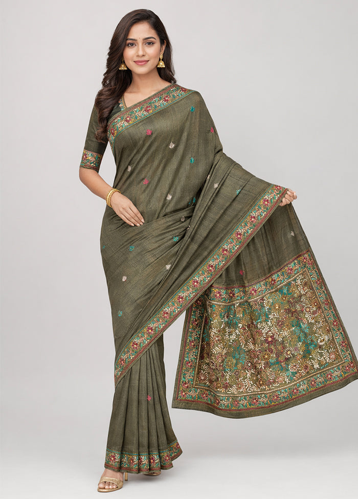 Green Handloom Tussar Pure Silk Saree With Blouse Piece