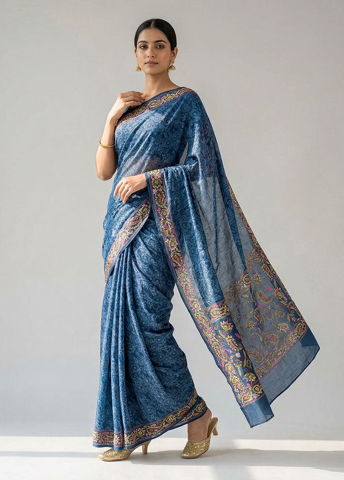 Blue Handloom Tussar Pure Silk Saree With Blouse Piece