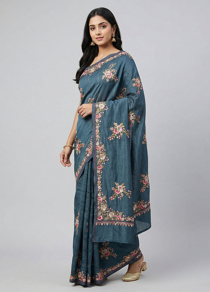 Blue Tussar Silk Saree With Blouse Piece