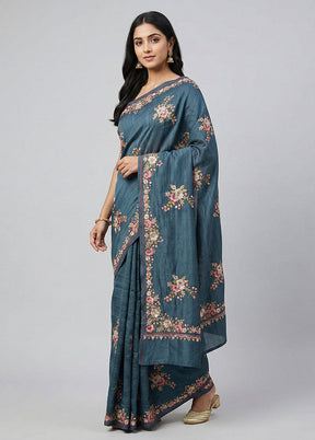 Blue Tussar Silk Saree With Blouse Piece