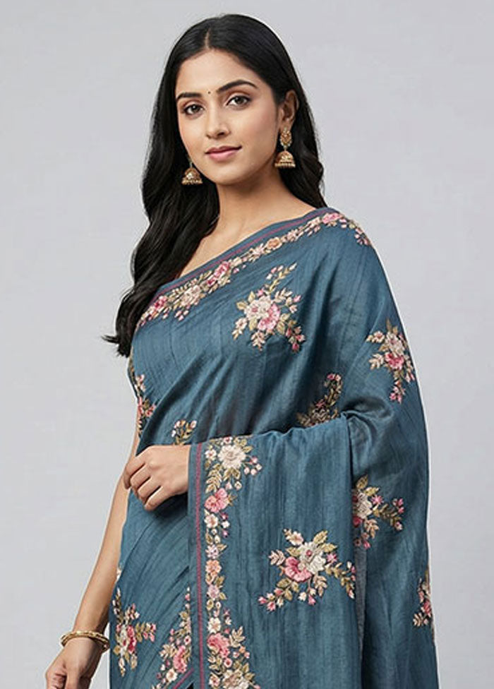 Blue Tussar Silk Saree With Blouse Piece
