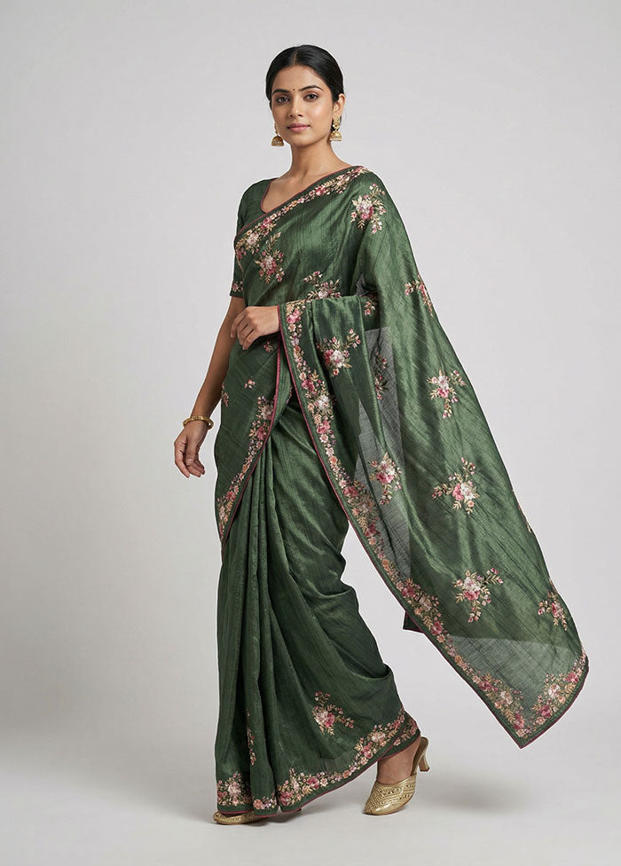 Green Tussar Silk Saree With Blouse Piece