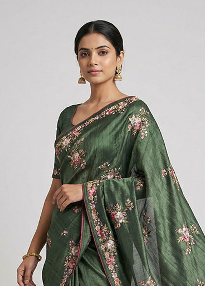 Green Tussar Silk Saree With Blouse Piece
