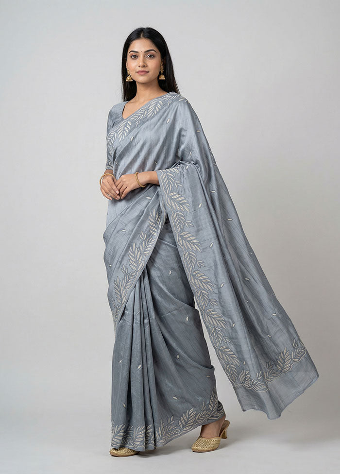 Grey Tussar Silk Saree With Blouse Piece