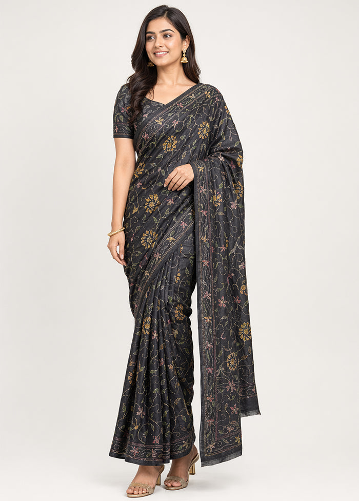 Black Handloom Tussar Pure Silk Saree With Blouse Piece