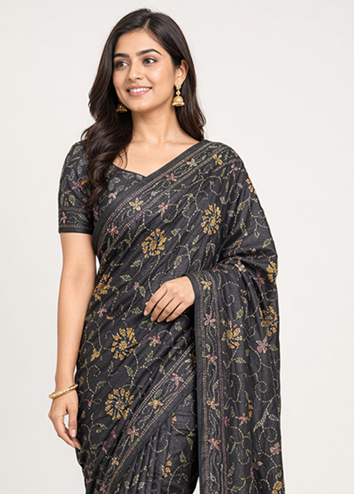 Black Handloom Tussar Pure Silk Saree With Blouse Piece