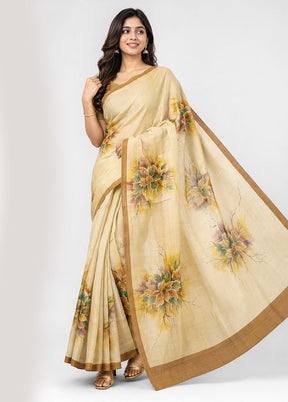 Cream Handloom Tussar Pure Silk Saree With Blouse Piece