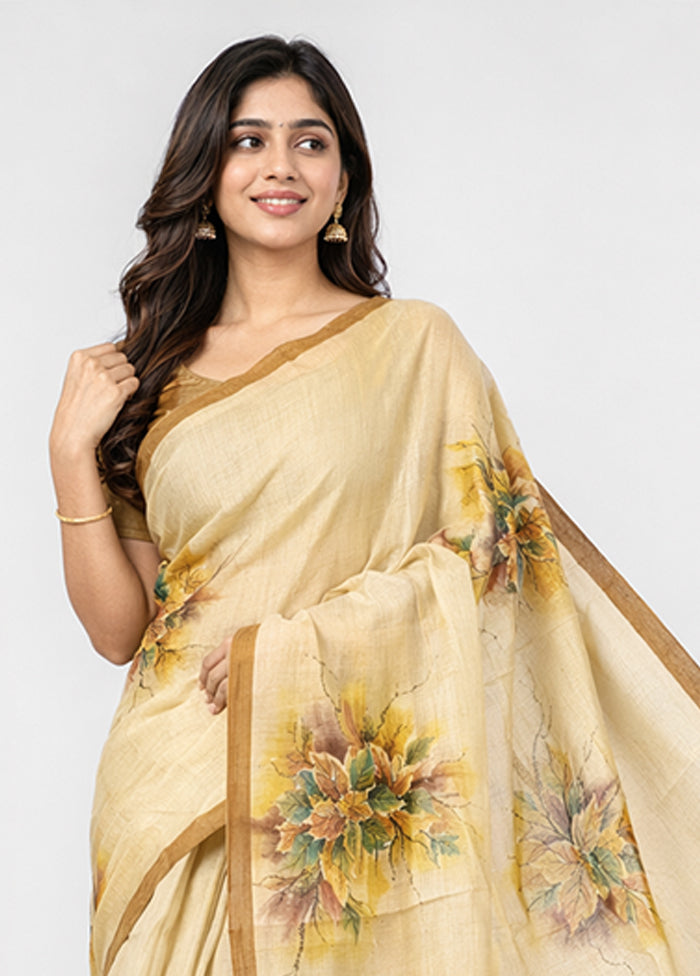 Cream Handloom Tussar Pure Silk Saree With Blouse Piece