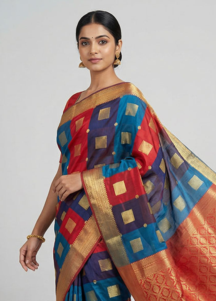 Multicolor Kanjivaram Silk Saree With Blouse Piece