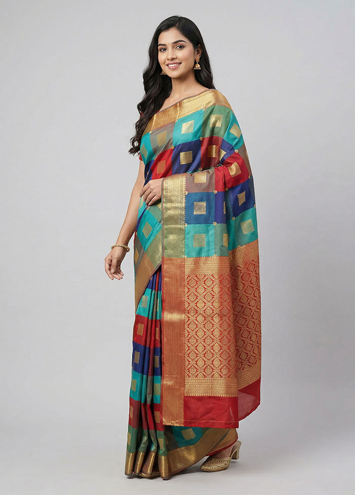 Multicolor Kanjivaram Silk Saree With Blouse Piece