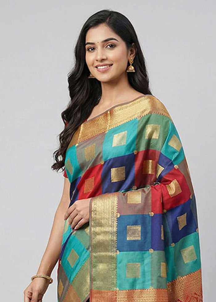Multicolor Kanjivaram Silk Saree With Blouse Piece