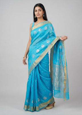 Blue Chanderi Silk Saree With Blouse Piece