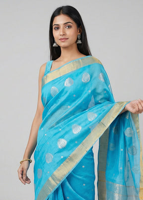 Blue Chanderi Silk Saree With Blouse Piece
