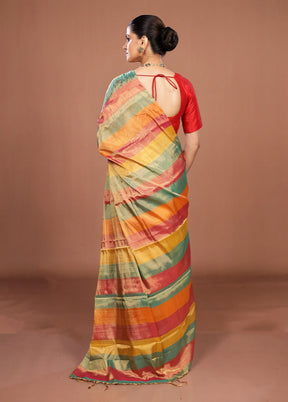 Multicolor Handloom Chanderi Pure Silk Saree With Blouse Piece