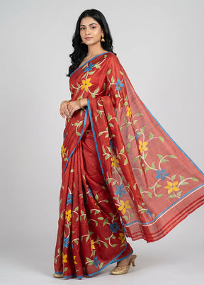 Red Printed Silk Saree Without Blouse Piece
