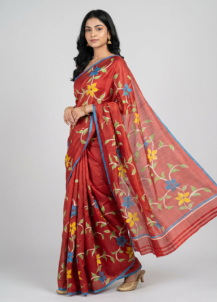 Red Printed Silk Saree Without Blouse Piece