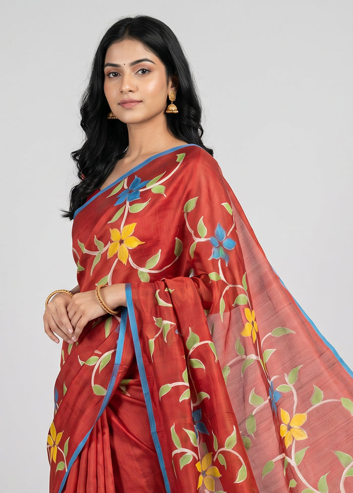 Red Printed Silk Saree Without Blouse Piece