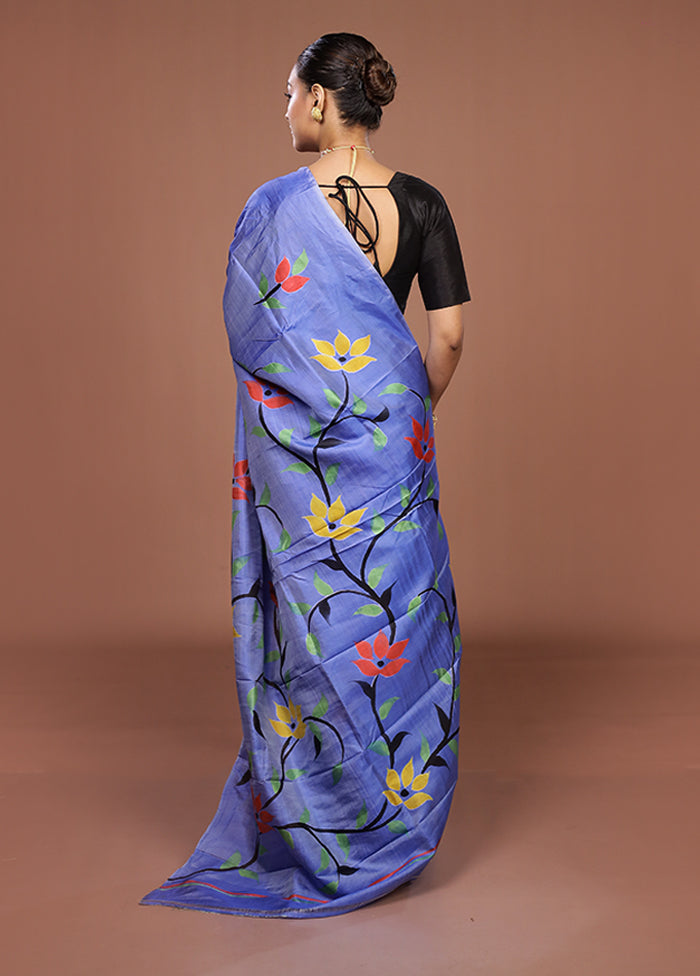 Blue Printed Pure Silk Saree Without Blouse Piece