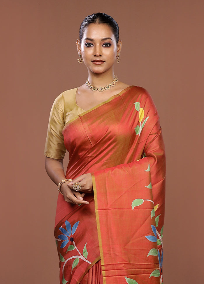 Brown Printed Pure Silk Saree Without Blouse Piece