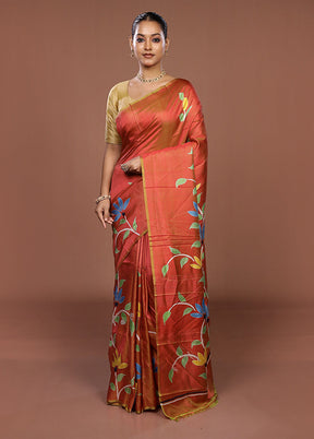 Brown Printed Pure Silk Saree Without Blouse Piece