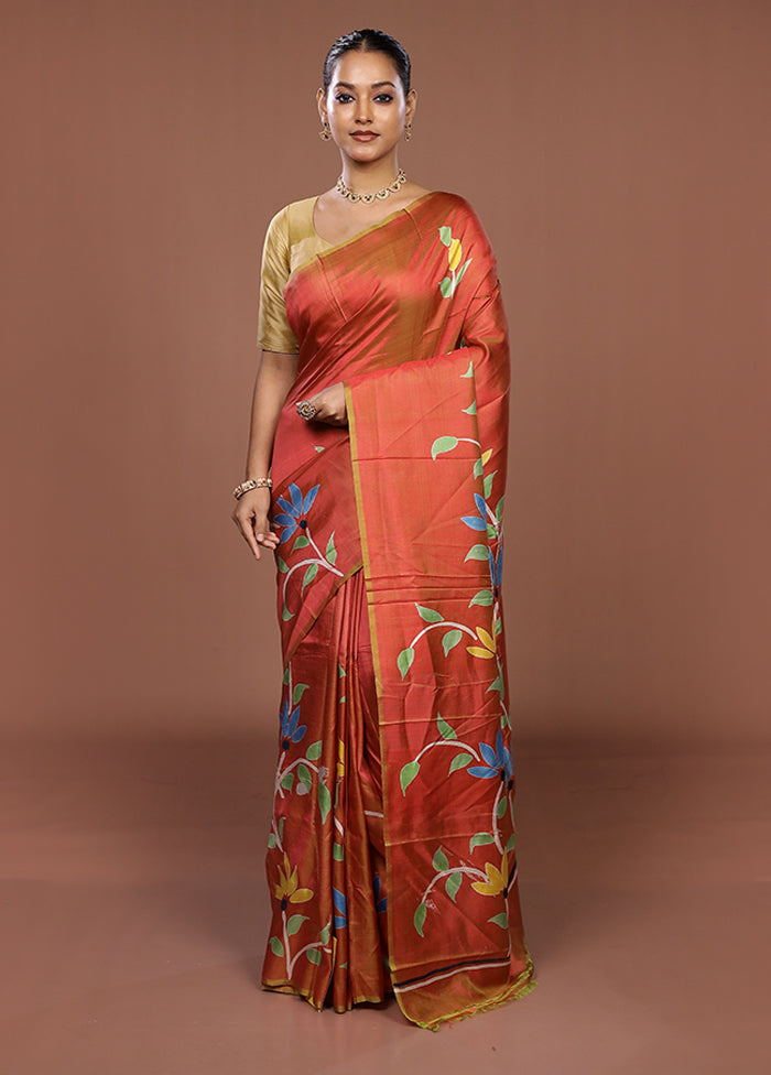 Brown Printed Pure Silk Saree Without Blouse Piece