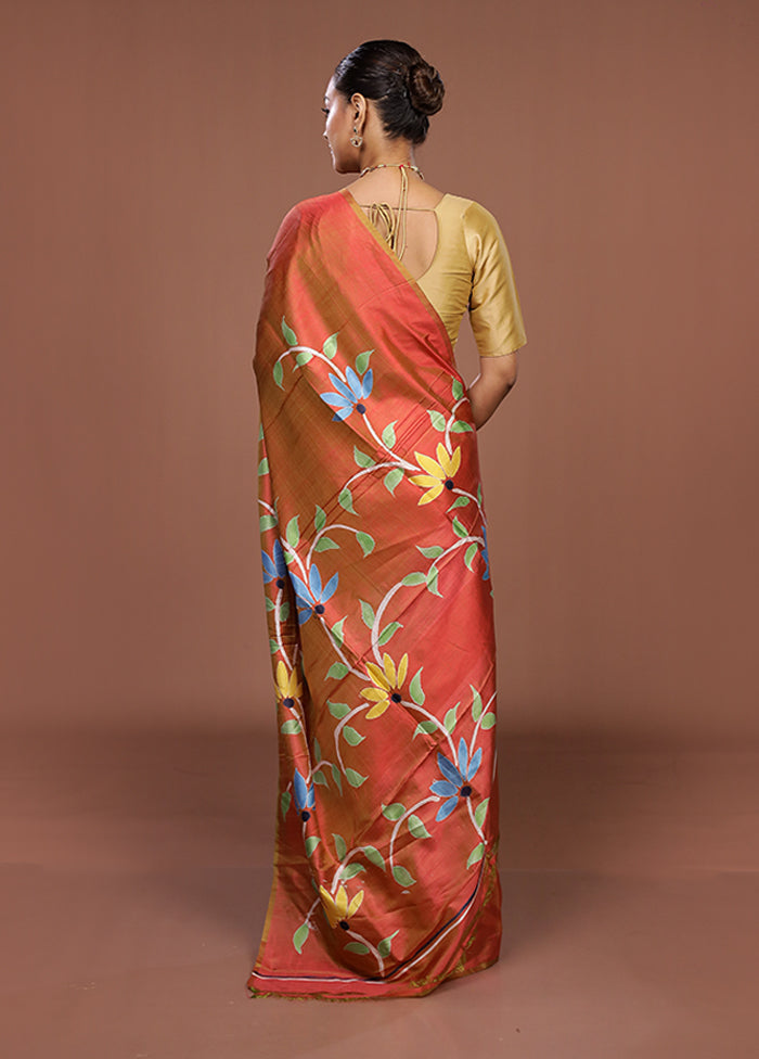 Brown Printed Pure Silk Saree Without Blouse Piece