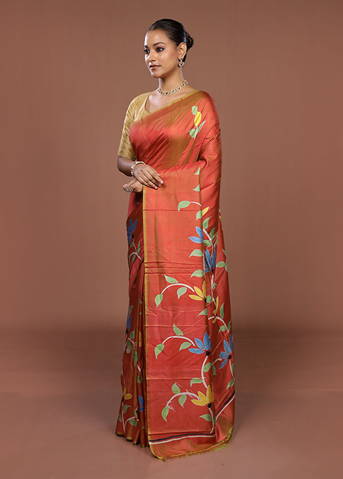 Brown Printed Pure Silk Saree Without Blouse Piece