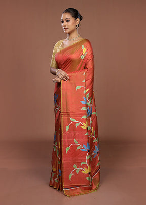 Brown Printed Pure Silk Saree Without Blouse Piece