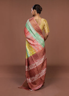 Pink Handloom Tussar Pure Silk Saree With Blouse Piece
